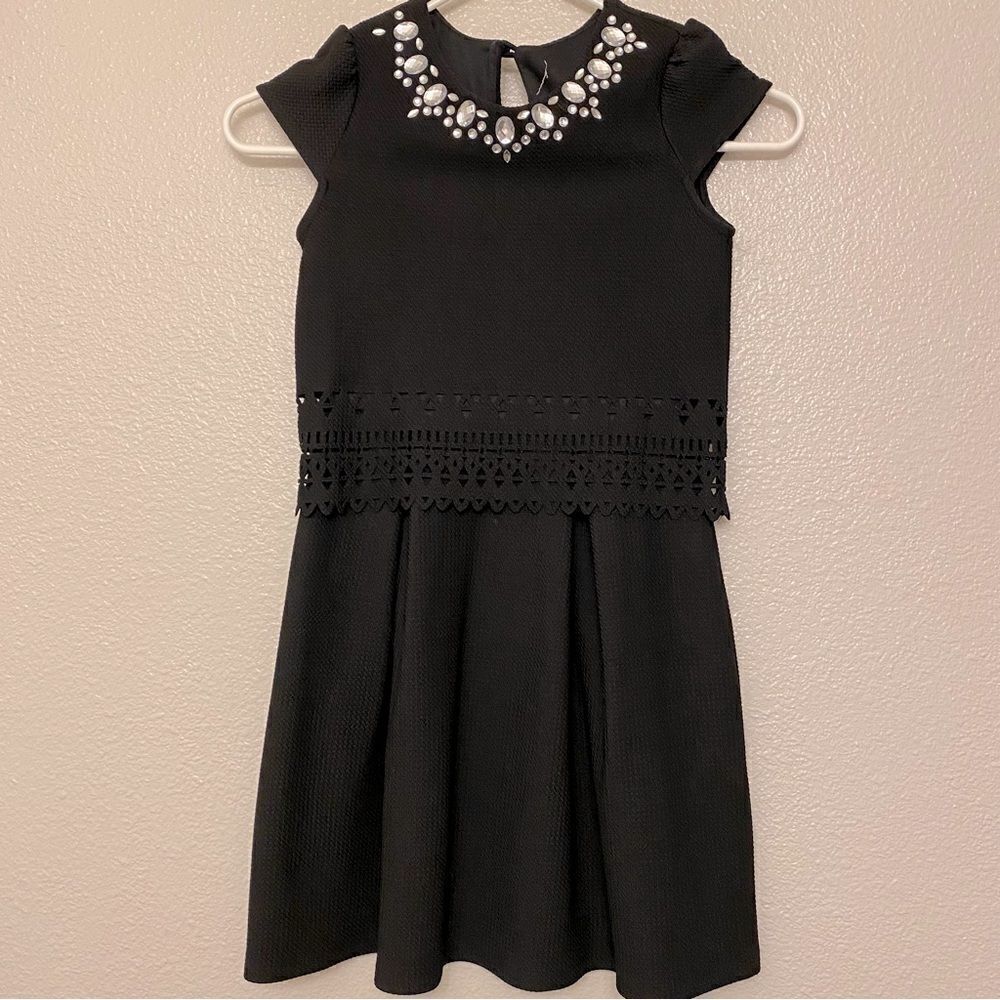 Monteau Girl black stretchy laser cut formal rhinestone embellished dress 8/10